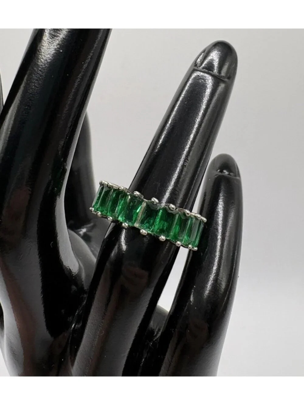 Sterling Silver Faux Emerald Baguette Eternity Band Ring Size 5 Stack